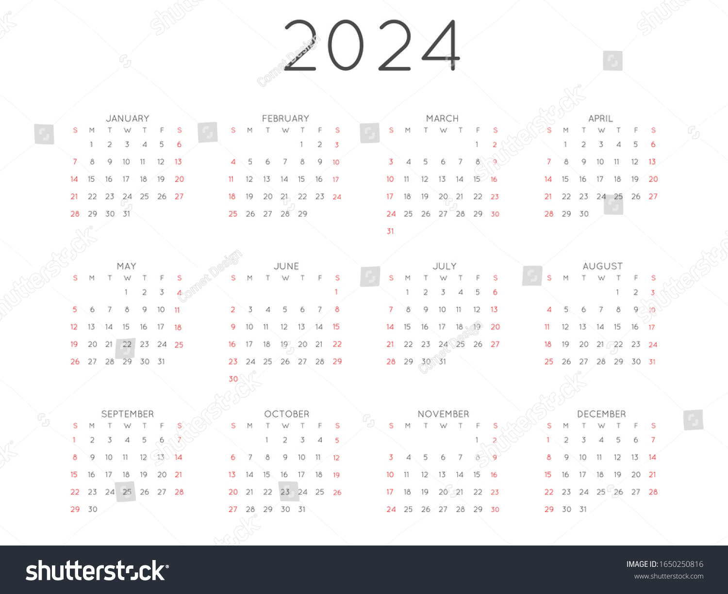 24年のベクター画像カレンダーの最小スタイル 週は日曜日から始まります カレンダーレイアウトテンプレート 24年度の横方向カレンダーに ひな形オーガナイザーのリマインダーを表示します ベクターイラスト のベクター画像素材 ロイヤリティフリー