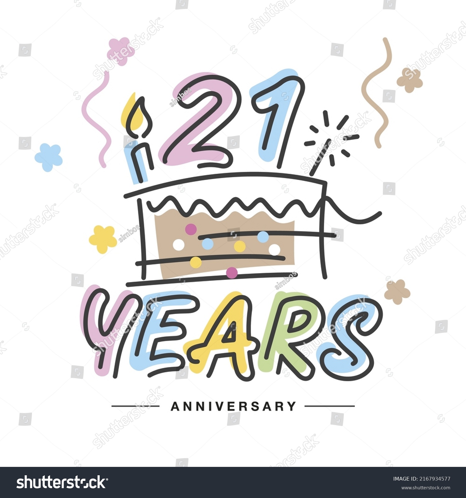 SVG of 21 Years Anniversary handwritten typography lettering Greeting card with colorful big cake, sparkle firework, number, candle and confetti svg