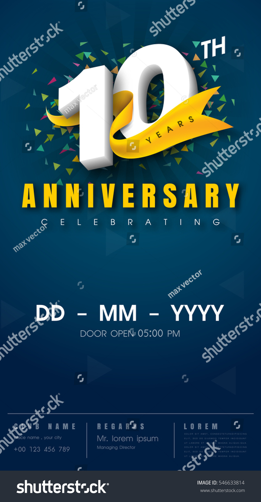 10 Years Anniversary Invitation Card Celebration Stock Vector 546633814 Shutterstock 10 Year Anniversary Invitation Templates
