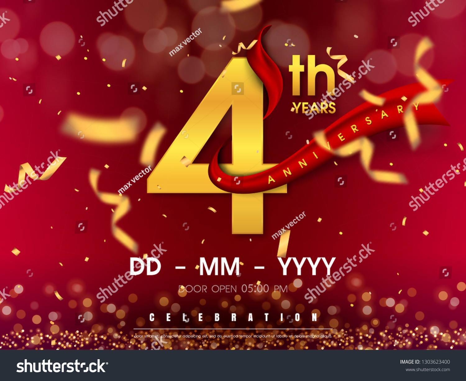SVG of 4 years anniversary logo template on gold background. 4th celebrating golden numbers with red ribbon vector and confetti isolated design elements svg