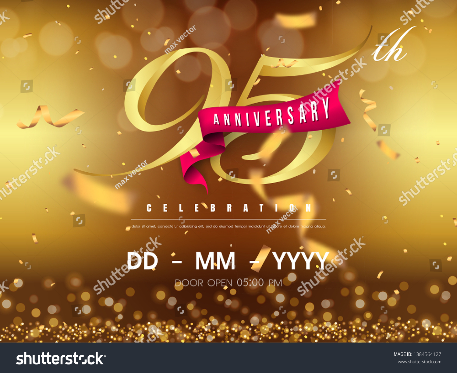 SVG of 95 years anniversary logo template on gold background. 95th celebrating golden numbers with red ribbon vector and confetti isolated design elements svg
