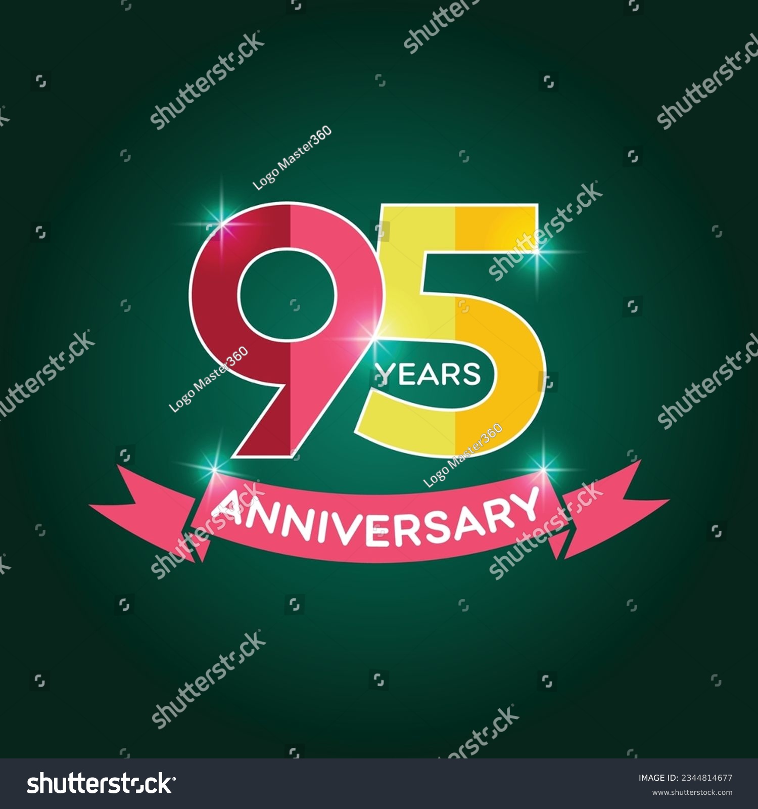 SVG of 95 years anniversary logo with red ribbon icon, flat 20th year birthday party sign svg