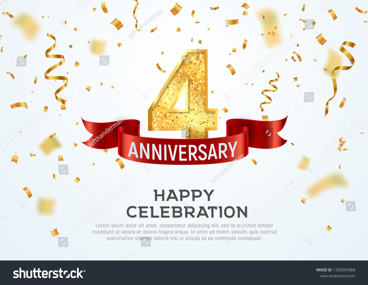 SVG of 4 years anniversary vector banner template. Four year jubilee with red ribbon and confetti on white background svg