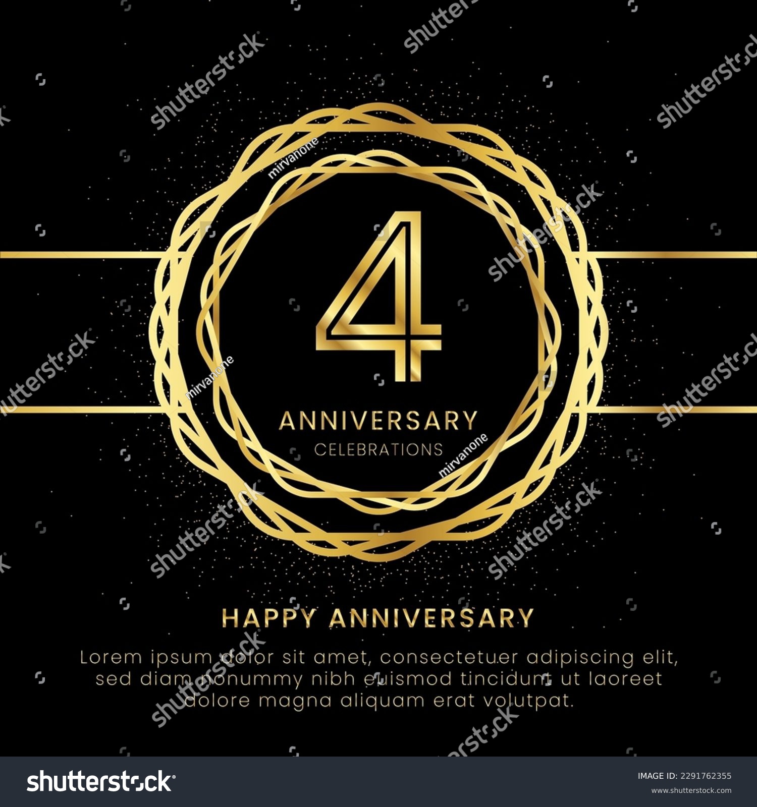 SVG of 4 years anniversary with a golden number, golden glitters, and a golden circle rope on a black background. Circle a gold hexagon with glitter. svg