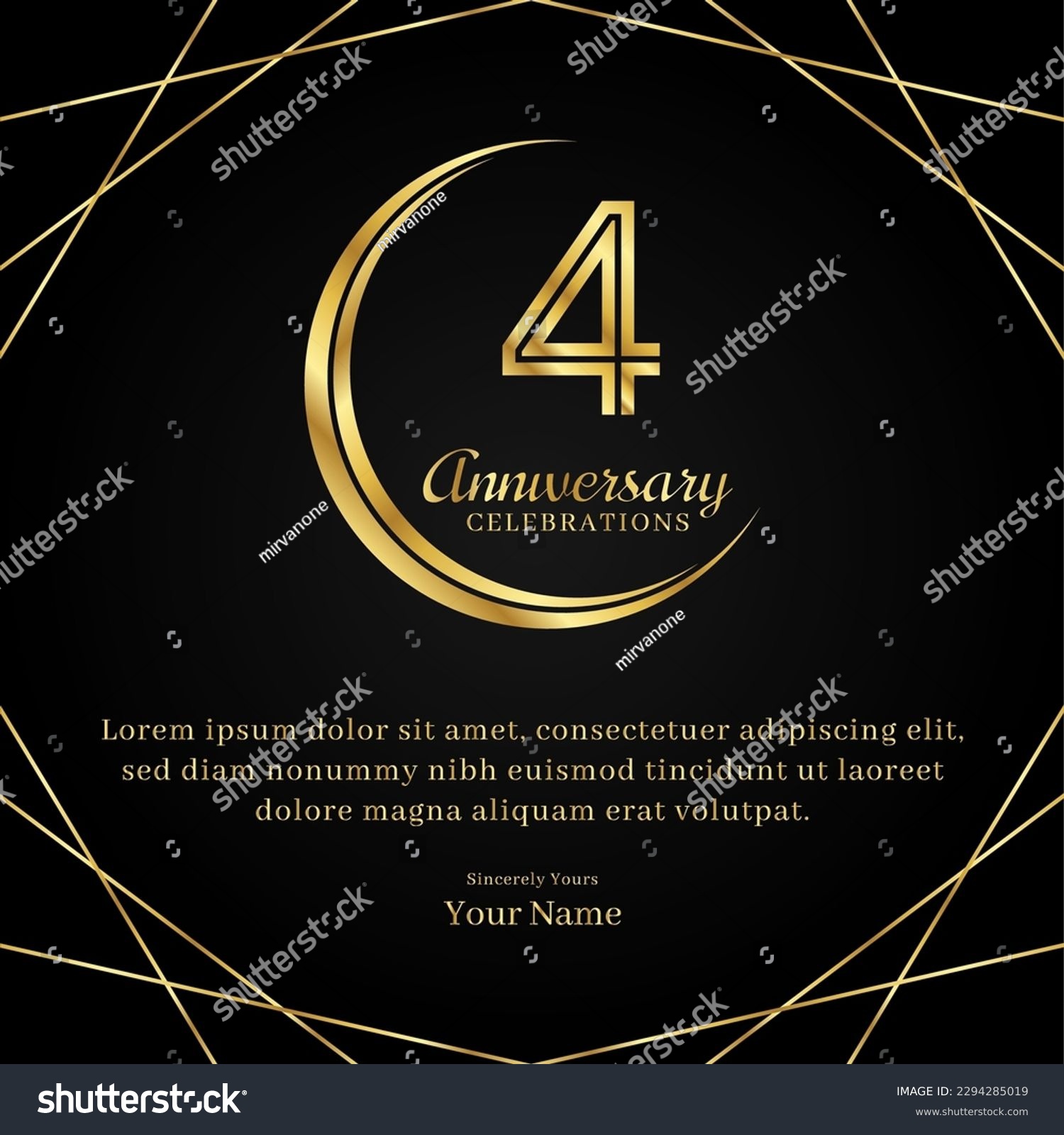 SVG of 4 years anniversary with a half moon design, double lines of gold color numbers, and text anniversary celebrations on a luxurious black and gold background svg