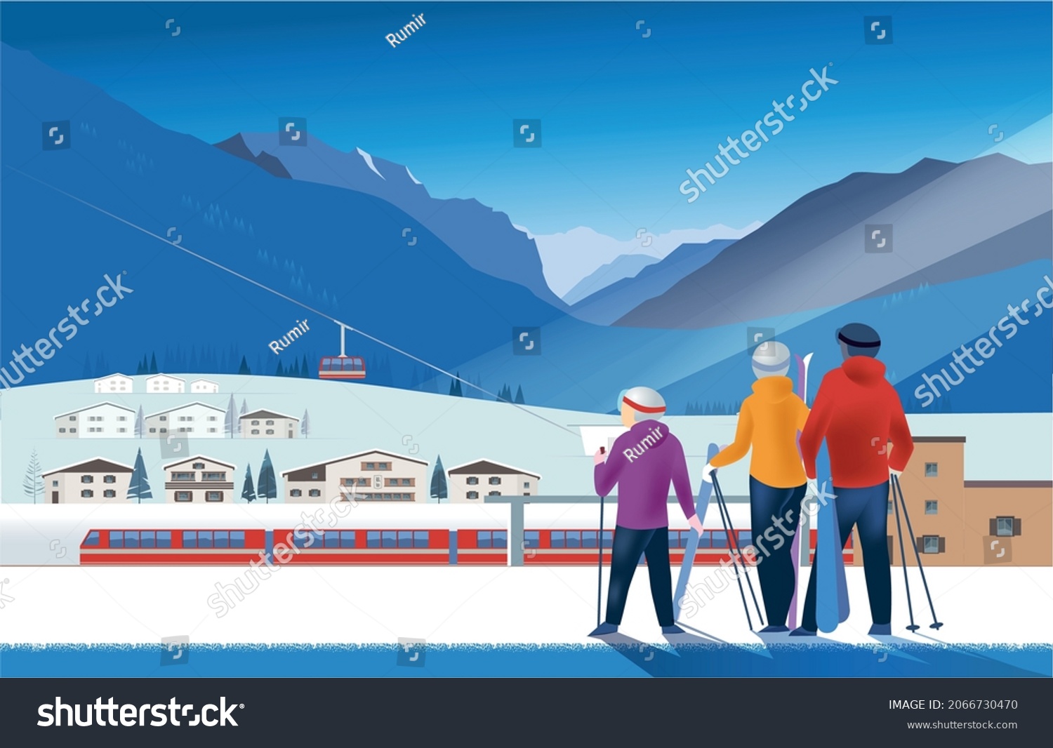 SVG of  Young family at a ski resort against the backdrop of an alpine village and a cable car svg