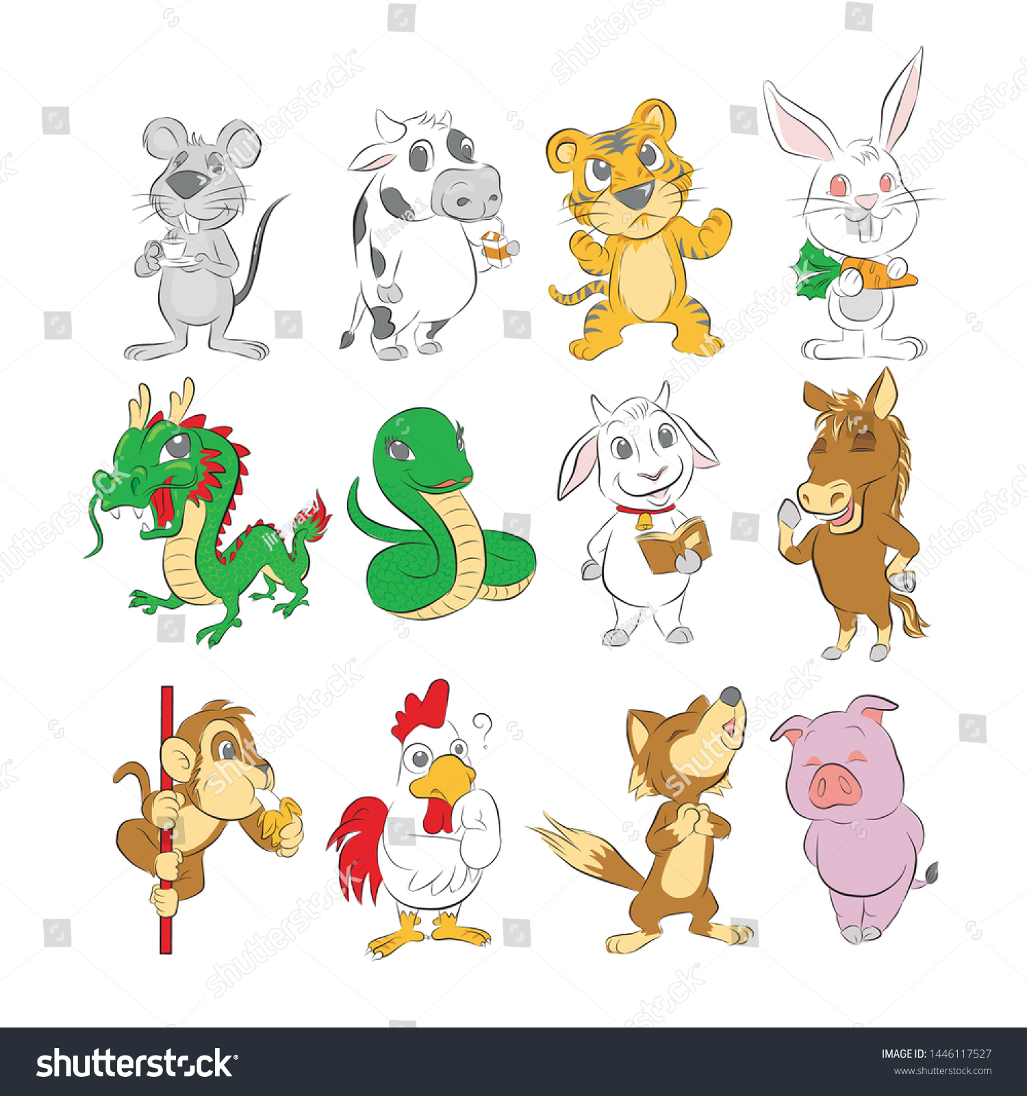 12 Zodiac Rat Cow Tiger Rabbit Stock Vector (Royalty Free) 1446117527