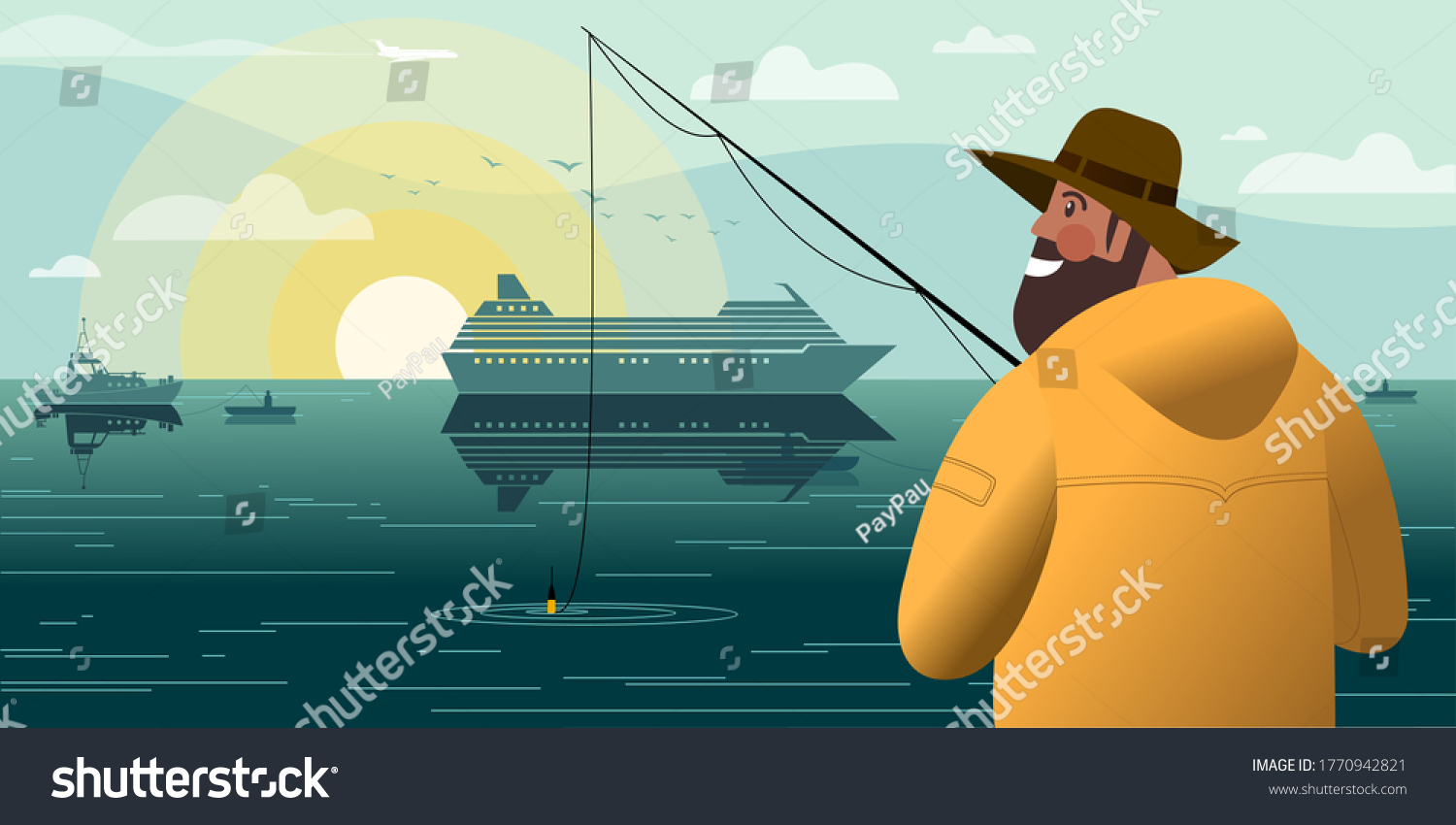SVG of A bearded fisherman in a yellow jacket with a float fishing rod catches sea fish. Flat graphic vector illustration. svg