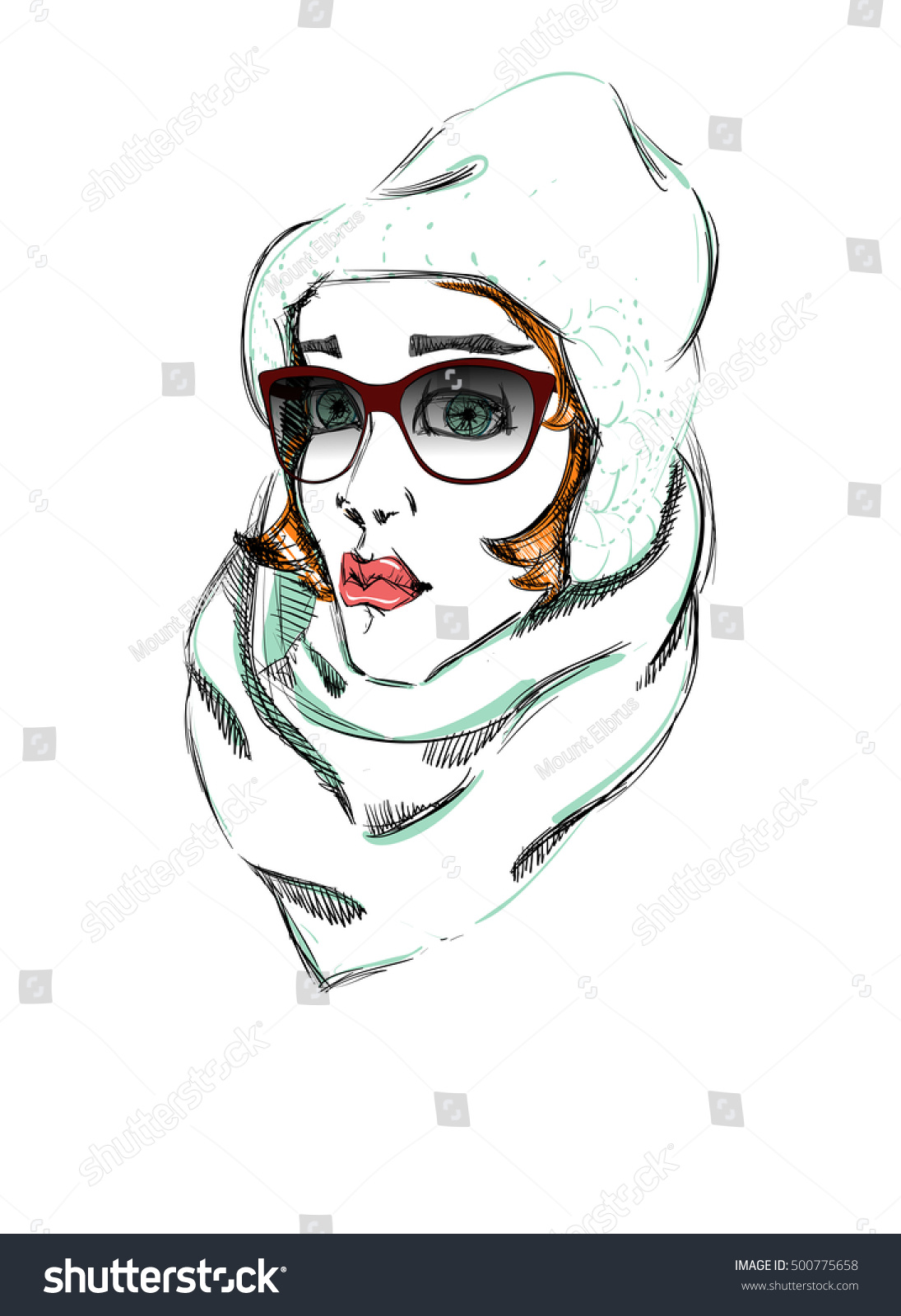 Beautiful Girl Cap Glasses Handdrawn Illustration Stock