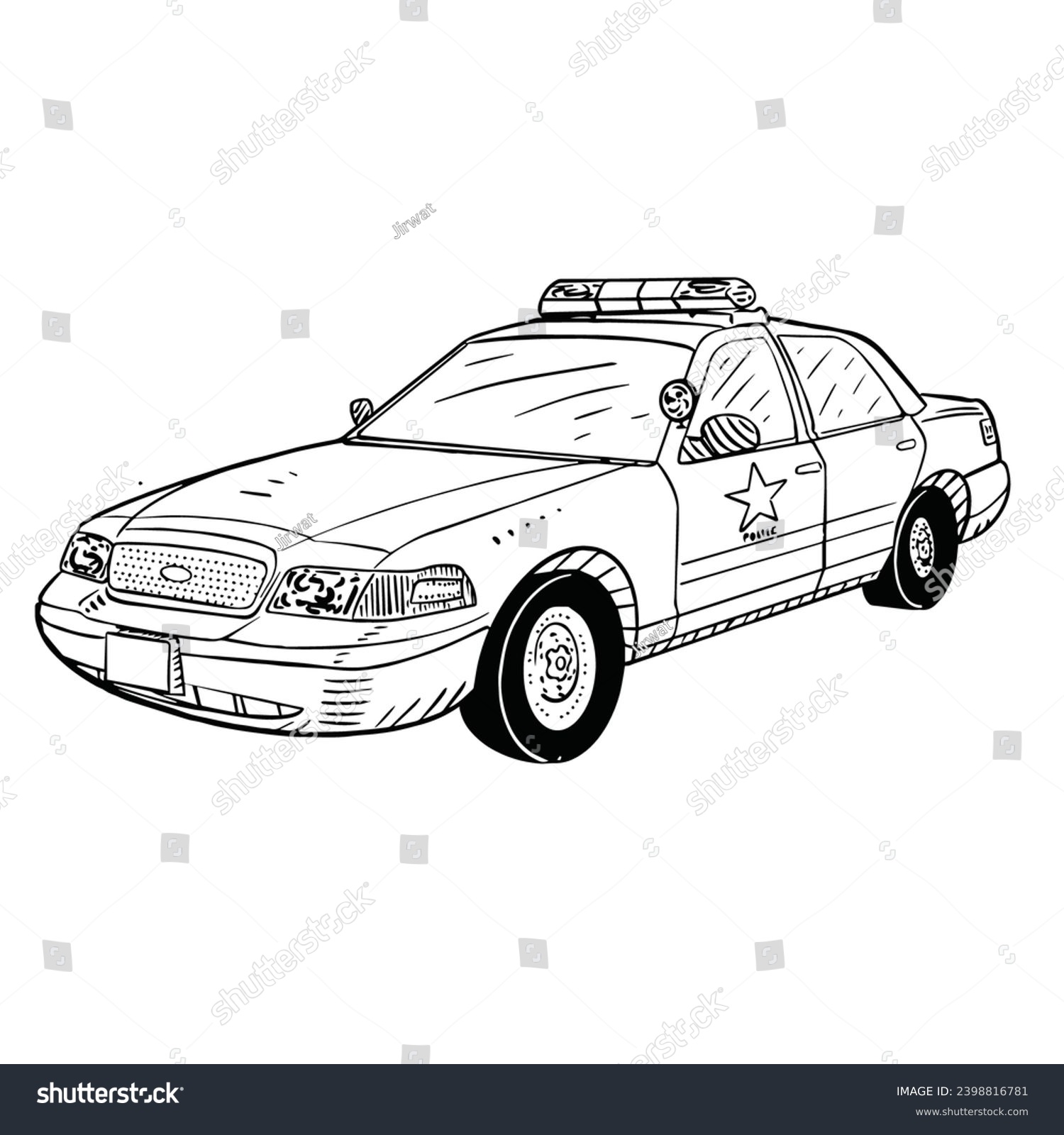 SVG of a black and white hand drawing of Police_car, with a white background, svg