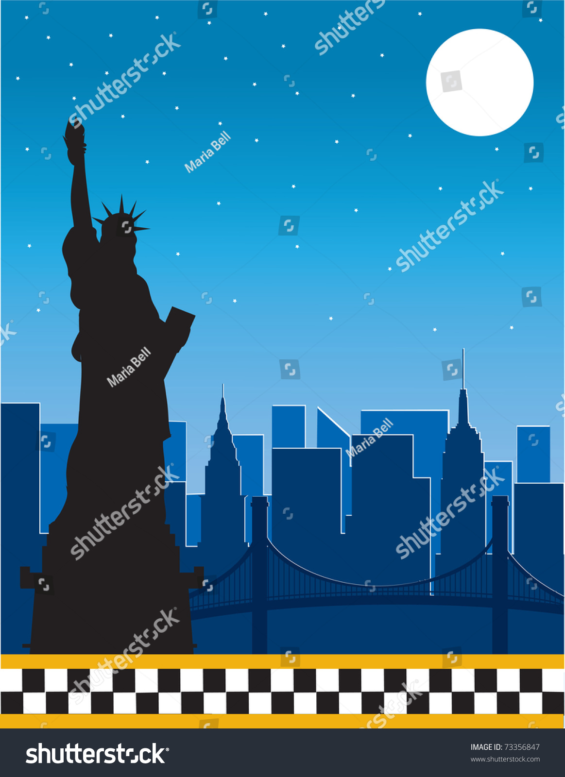 SVG of A border or frame featuring the New York skyline at night and a silhouette of the Statue of Liberty in the foreground.  The bottom border is the checkerboard of the New York City  taxi svg