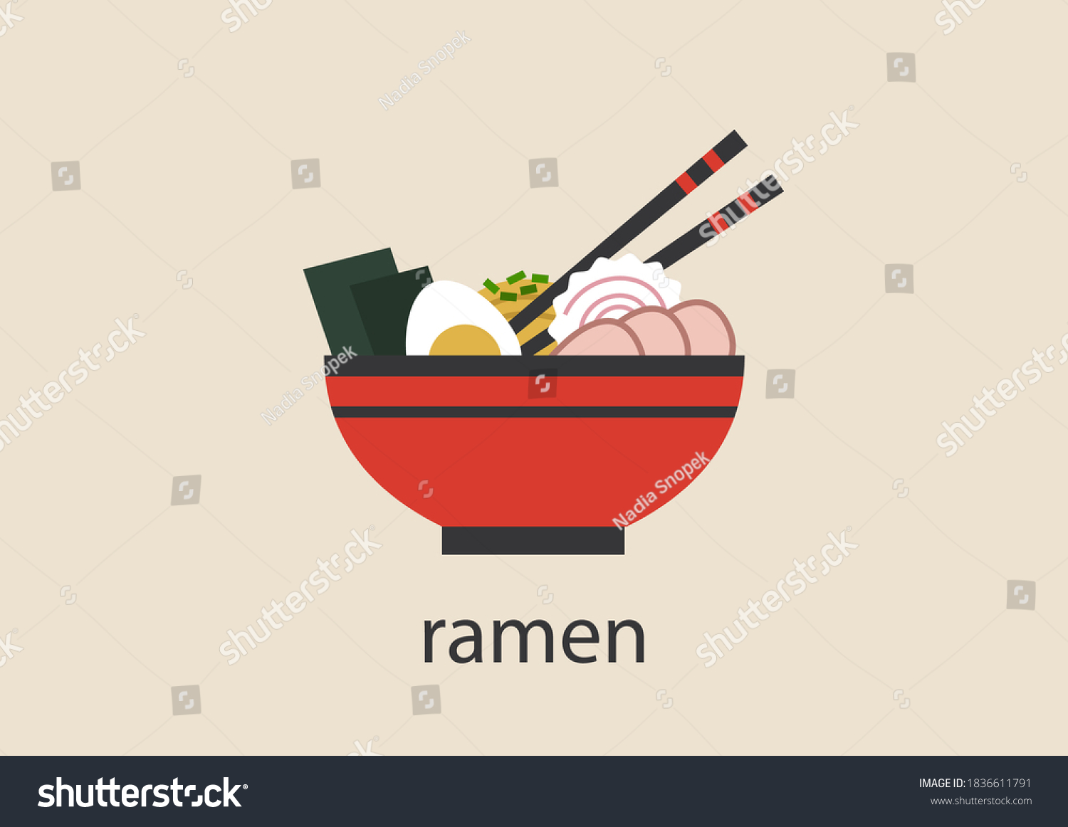 SVG of A bowl of hot Japanese ramen soup with noodles, boiled egg, nori seaweed, naruto swirl, pork, and a pair of chopsticks svg