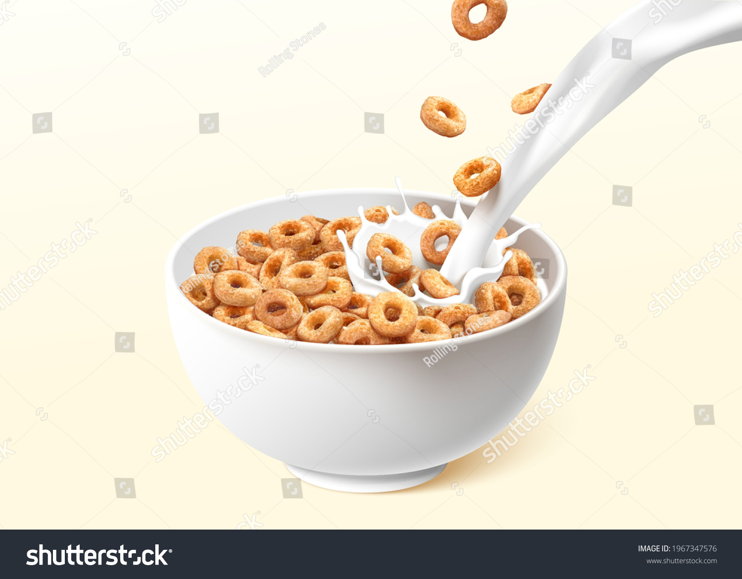 SVG of A bowl of ring cereals or cheerios with pouring milk splashes. 3d realistic food element isolated on light yellow background. svg