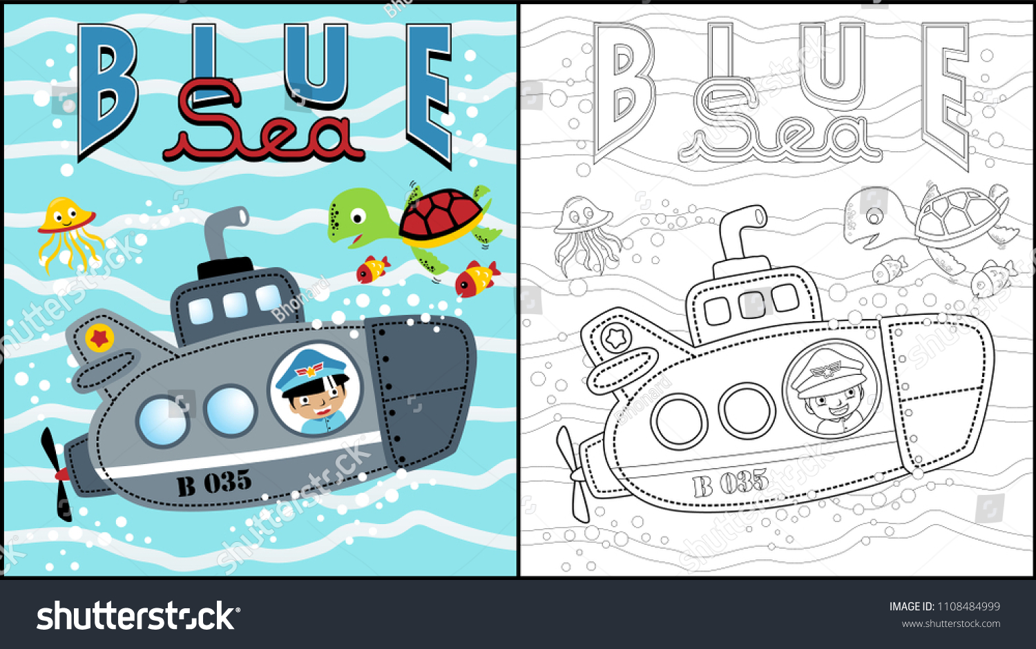 Boy Submarine Underwater Marine Animals Coloring Stock Vector (Royalty ...