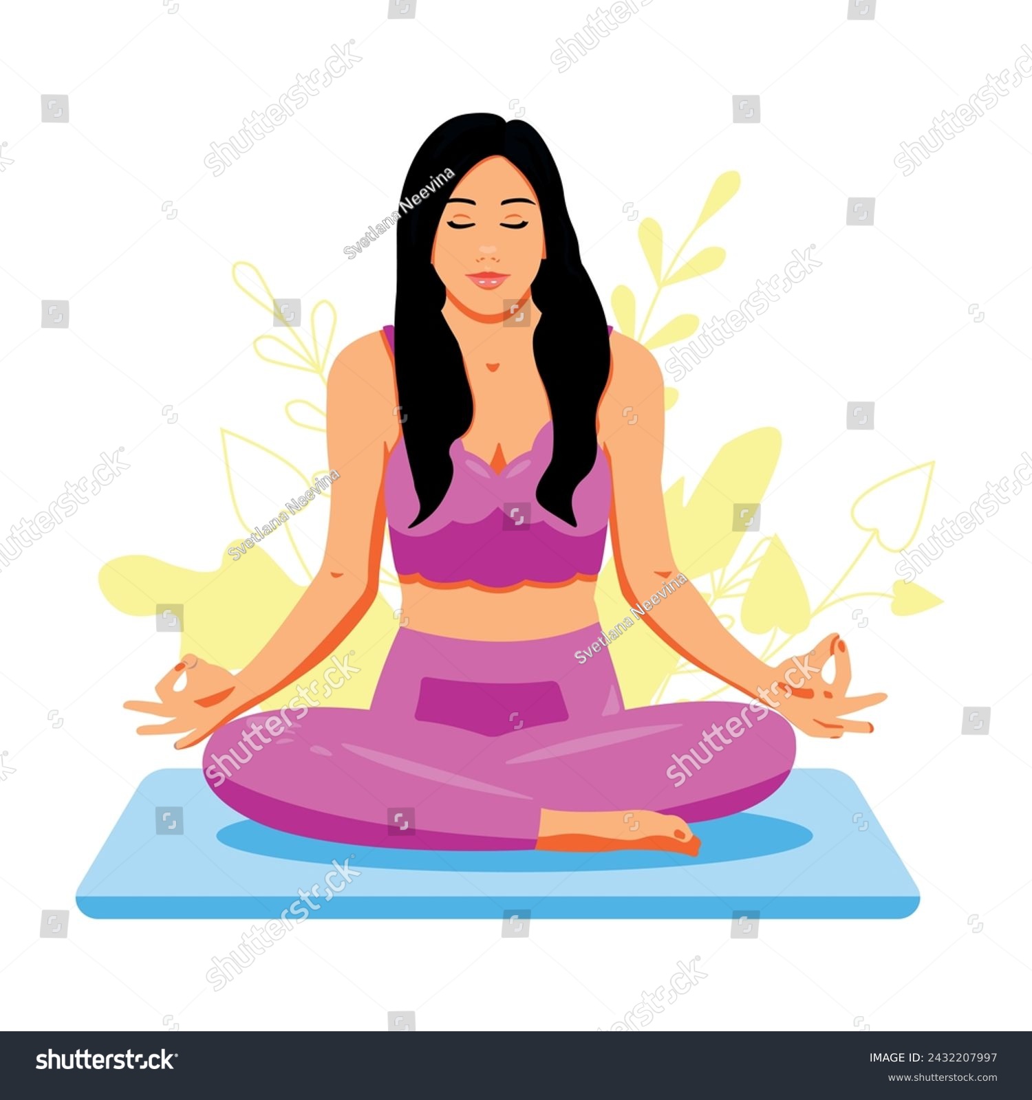 SVG of A brunette woman in a pink uniform does yoga while sitting in the lotus position. Take care of your mental health. Illustration for international yoga day. Element for web design, postcards. EPS10
 svg