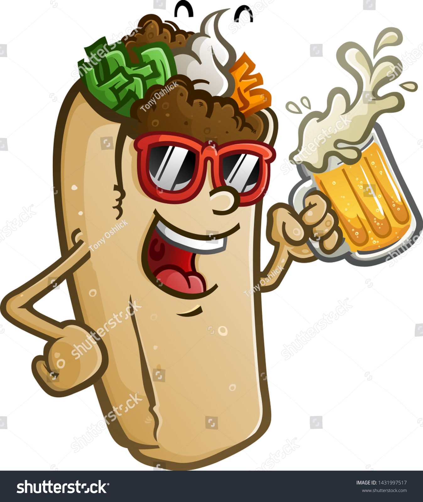 SVG of A burrito vector cartoon with attitude, wearing sunglasses and drinking a mug of cold delicious Mexican beer svg