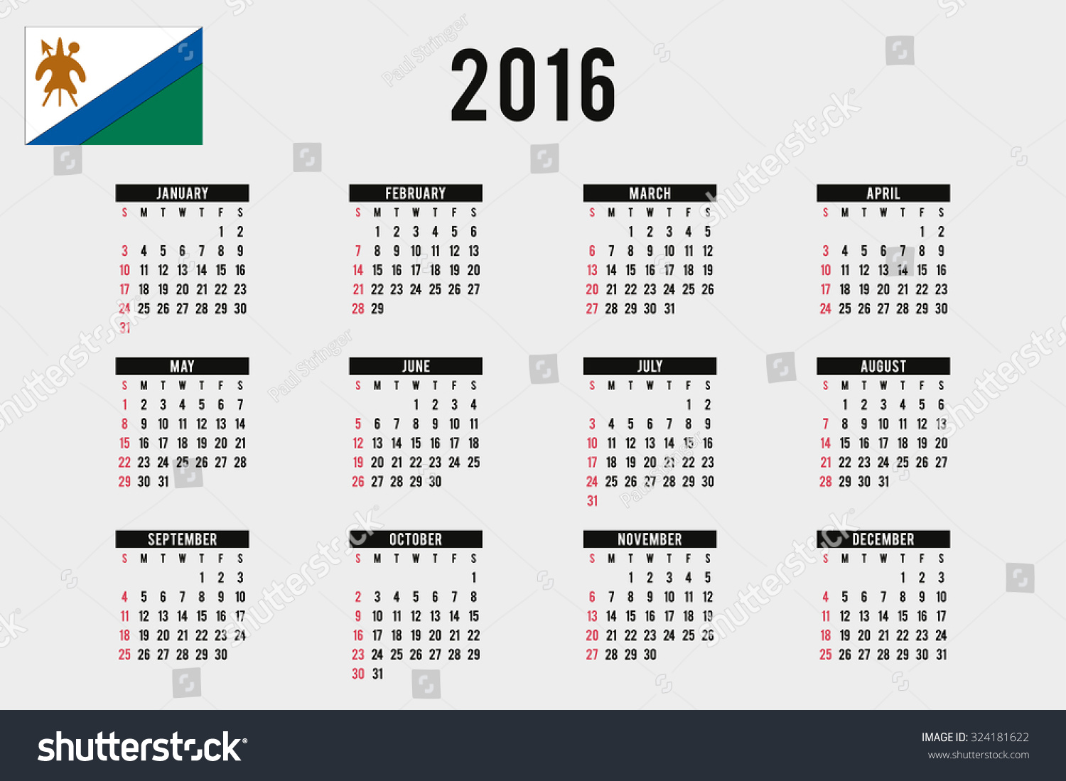 2016 Calendar Flag Lesotho Stock Vector 324181622 - Shutterstock