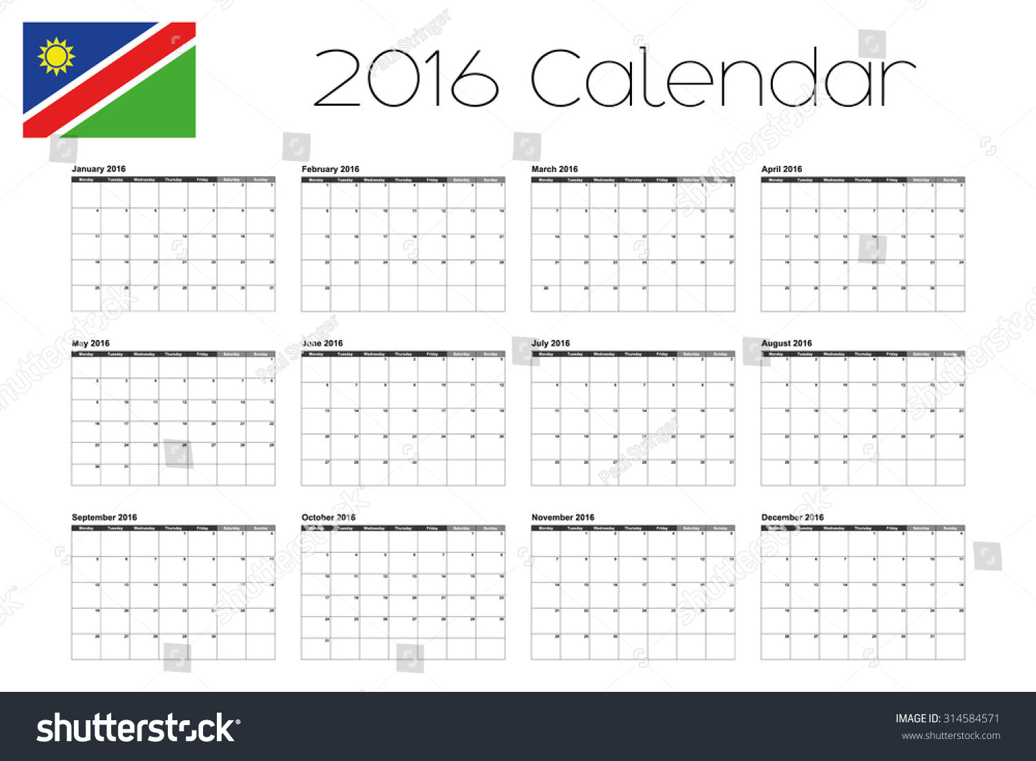 A 2016 Calendar With The Flag Of Namibia Stock Vector Illustration ...