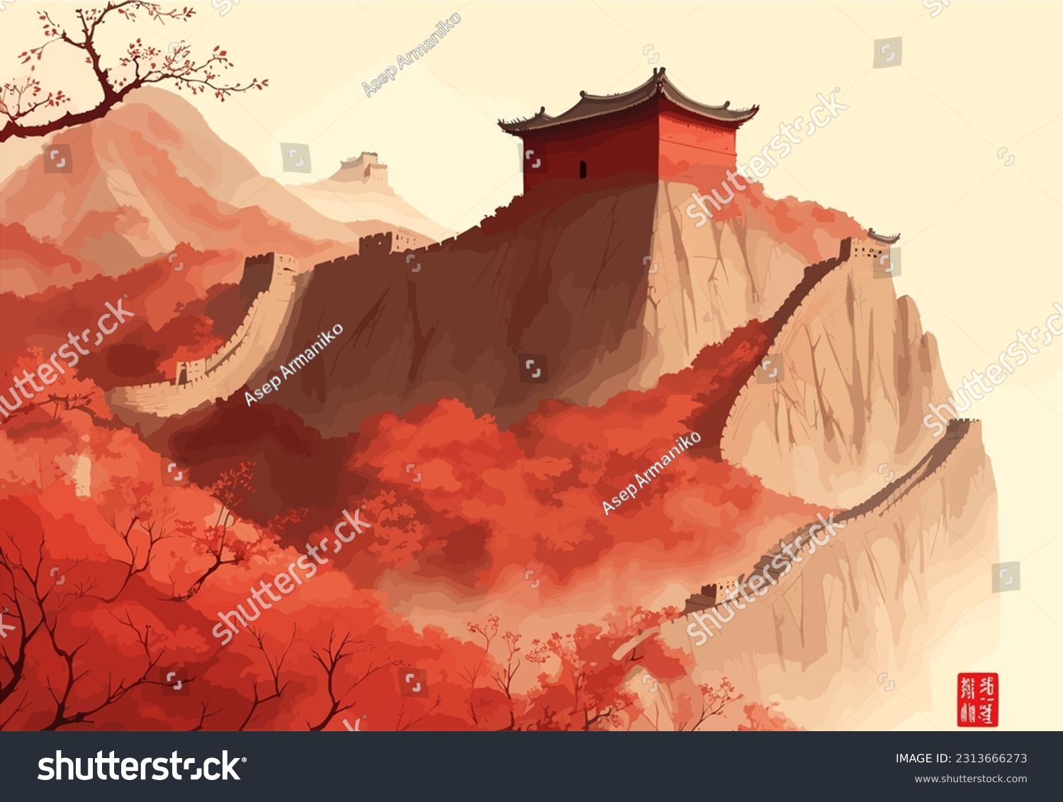 SVG of A captivating vector illustration of the Great Wall of China stretches across the landscape, its winding path and imposing watchtowers depicted in exquisite detail, evoking a sense of ancient grandeur svg