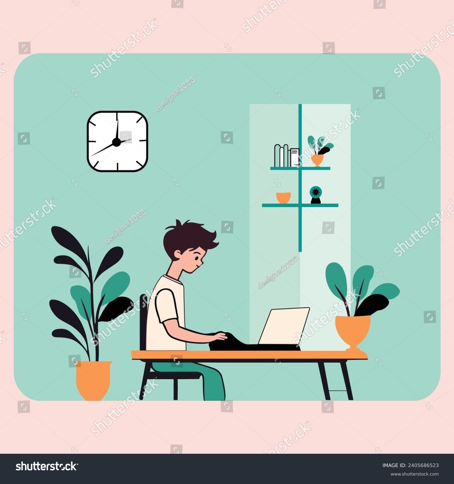SVG of A cartoon boy working on laptop in a decorative room vector image design beautiful room vector illustration svg