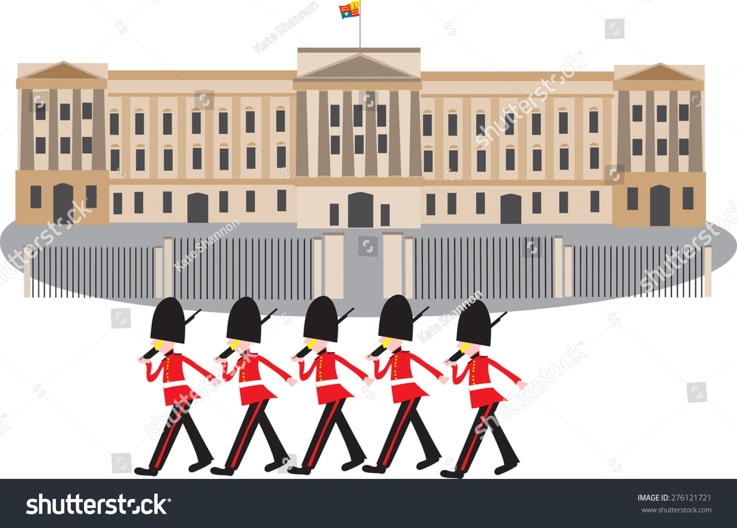 SVG of A cartoon Buckingham Palace with guards in bearskin hats marching in front of the gates svg