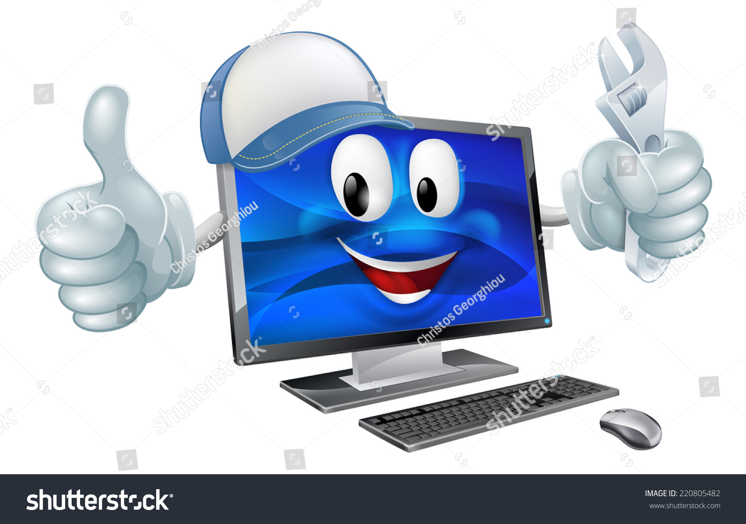 A Cartoon Computer Repair Mascot With A Cap And Spanner Doing A Thumbs ...