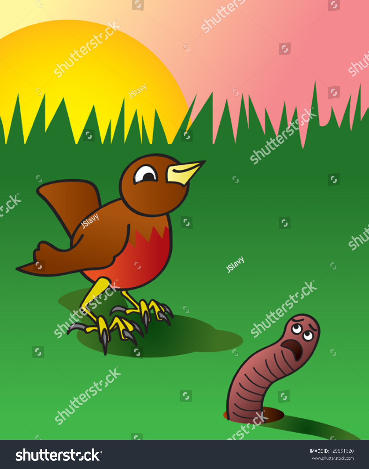 A Cartoon Depiction Of An Early Bird About To Catch A Worm. Stock ...