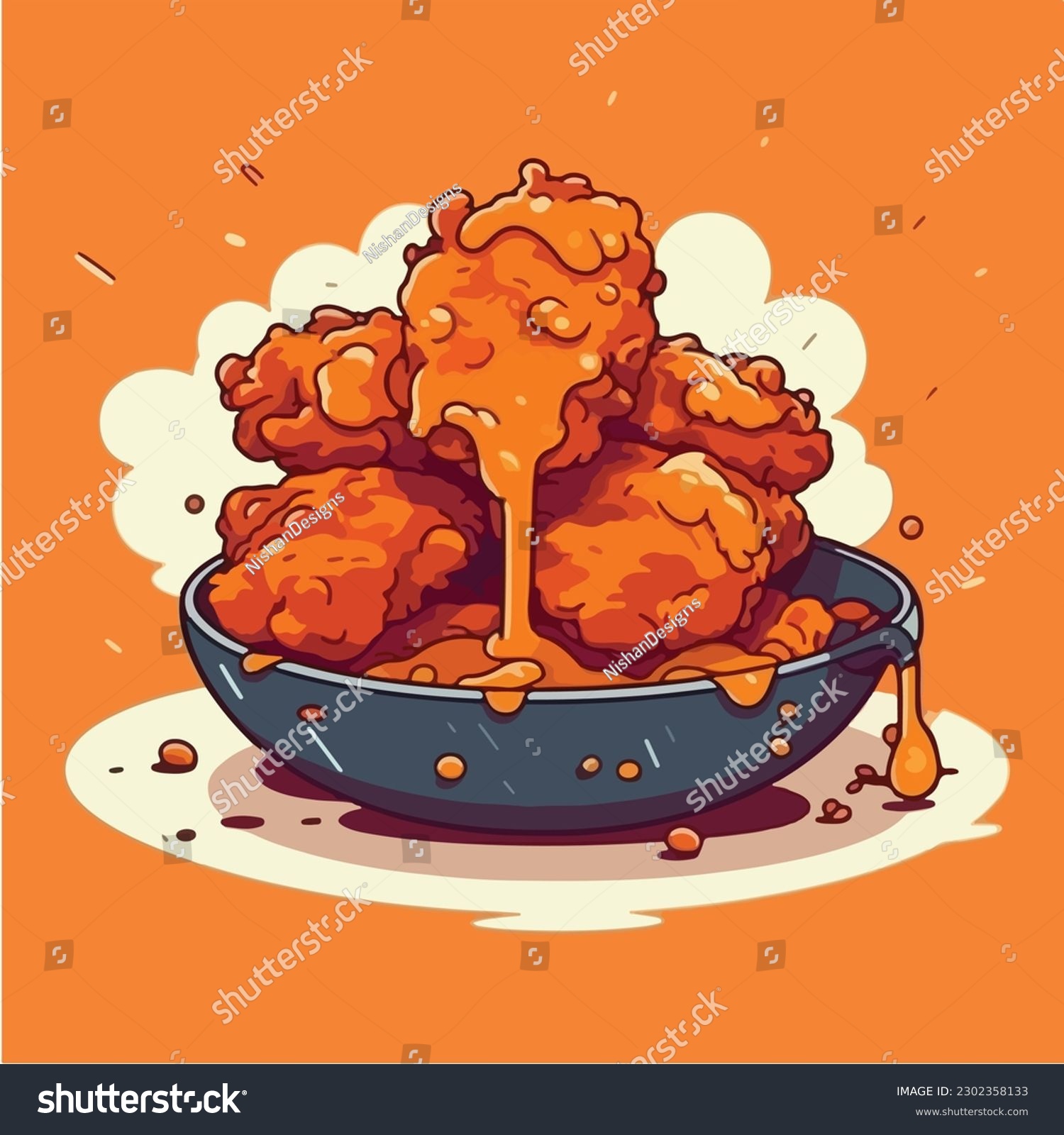 SVG of A cartoon drawing of a plate of fried chicken with sauces. svg