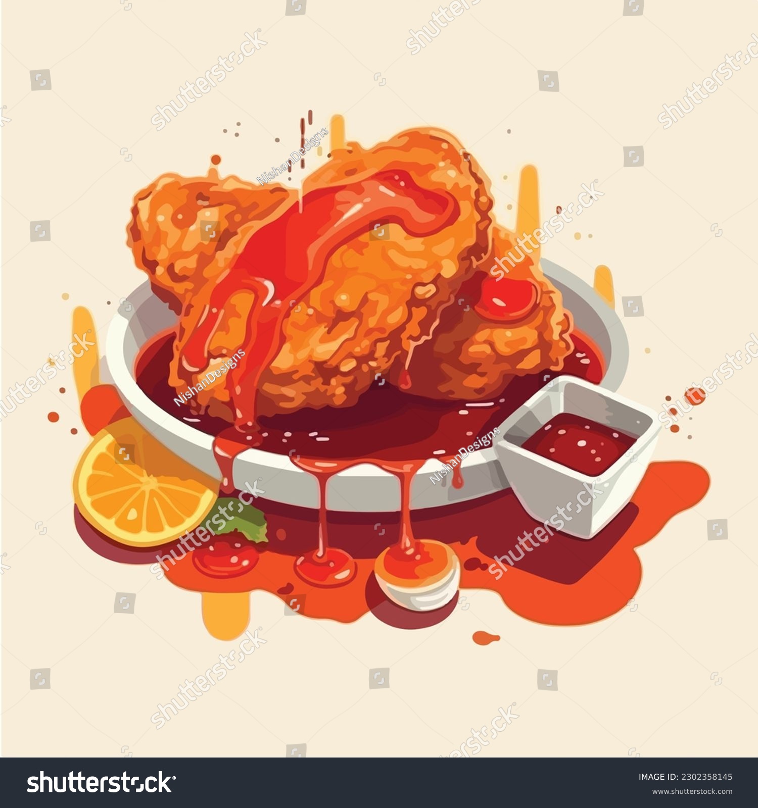 SVG of A cartoon drawing of a plate of fried chicken with sauces. svg