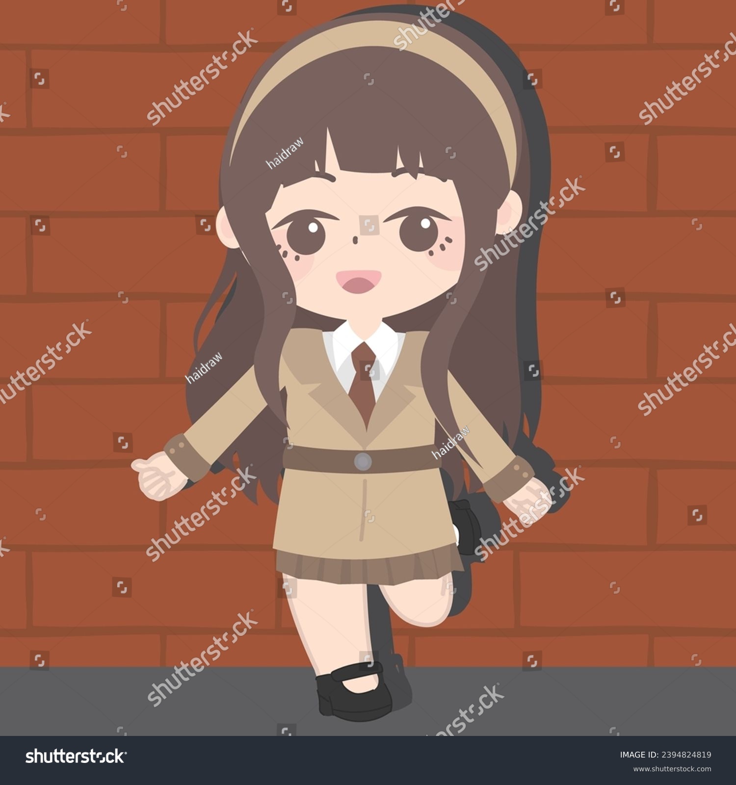 SVG of a cartoon girl in an asian uniform, in the style of dark brown and dark beige, streetscape, cryptid academia, oshare kei, simple, dark brown and light brown, happycore  svg