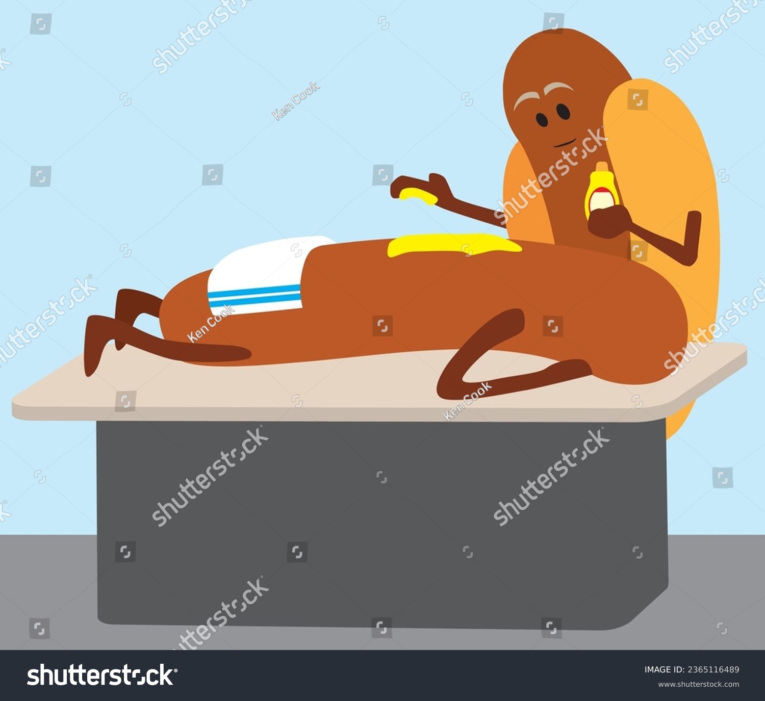 SVG of A cartoon hot dog is receiving a mustard treatment at the spa svg