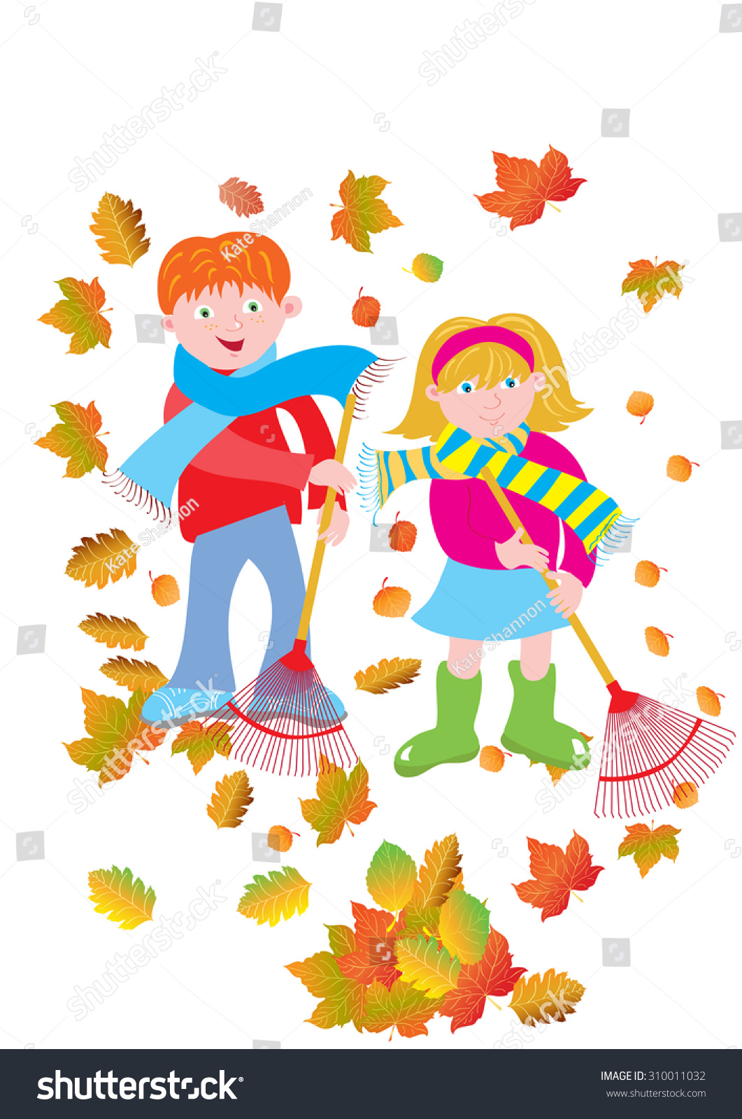 A Cartoon Illustration Of A Boy And A Girl Sweeping And Raking Fallen ...