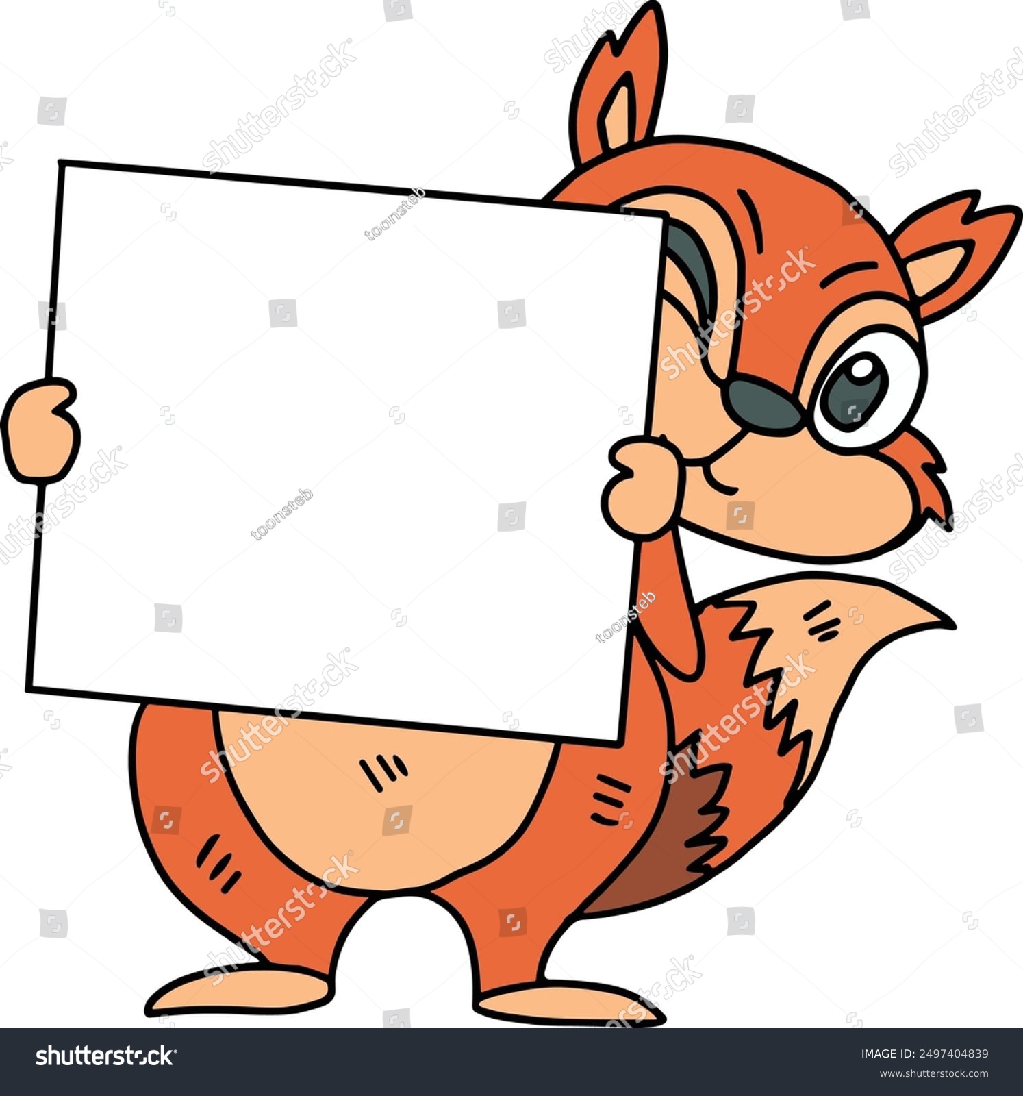 recommend clip art: A cartoon squirrel holding a blank sign. The sign is white and has no writing on it. The squirrel is smiling and he is happy