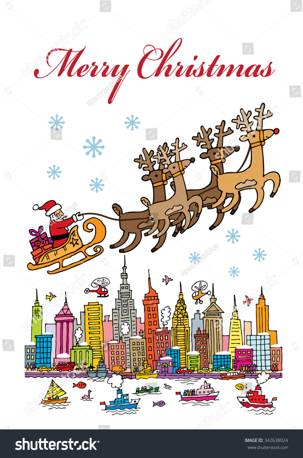 A cartoon style vector of Santa flying over the city of New York