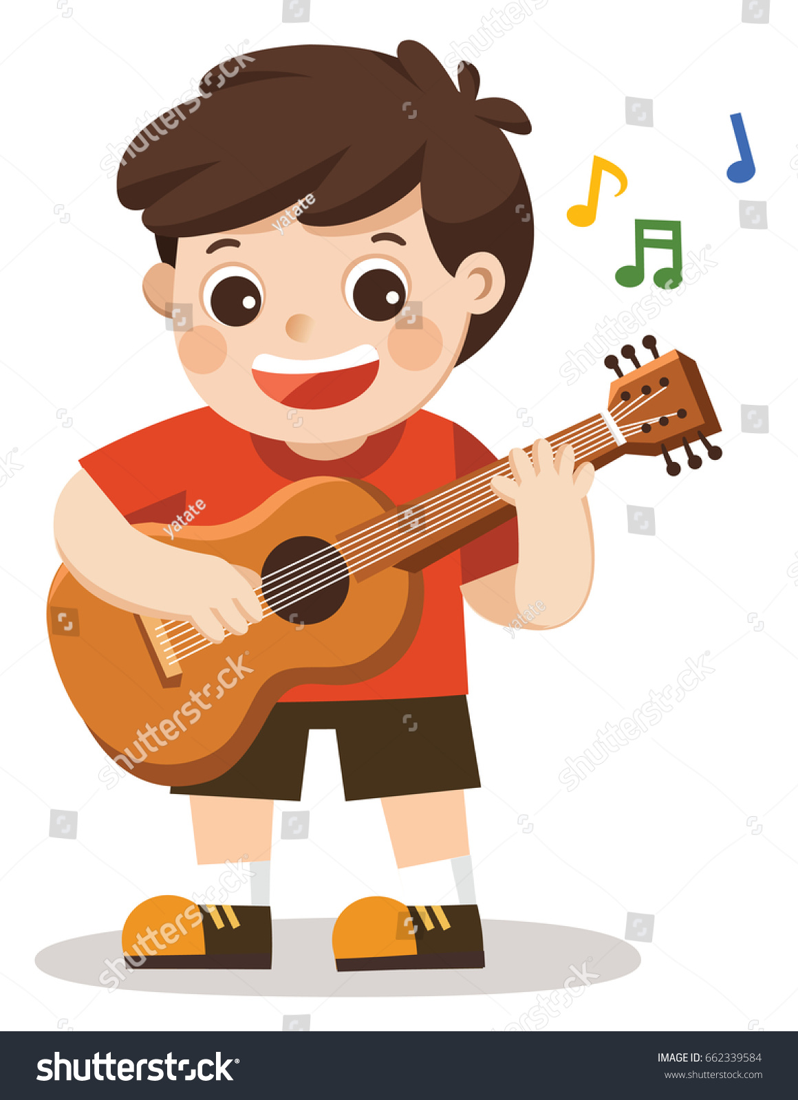 Cheerful Boy Playing Guitar Singing Happily Stock Vector 662339584 ...