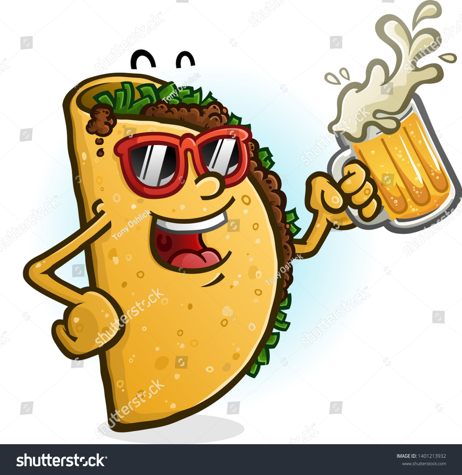 SVG of A cheerful cartoon taco character partying with a mug of mexican beer  svg