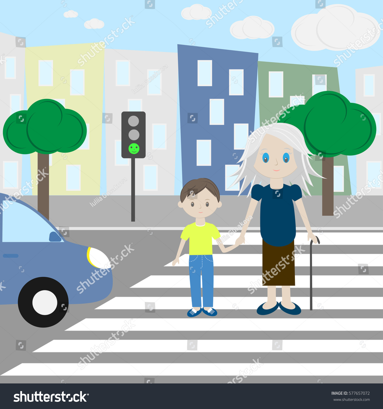 Child Shepherds Elder Man Across Road Stock Vector 577657072 - Shutterstock