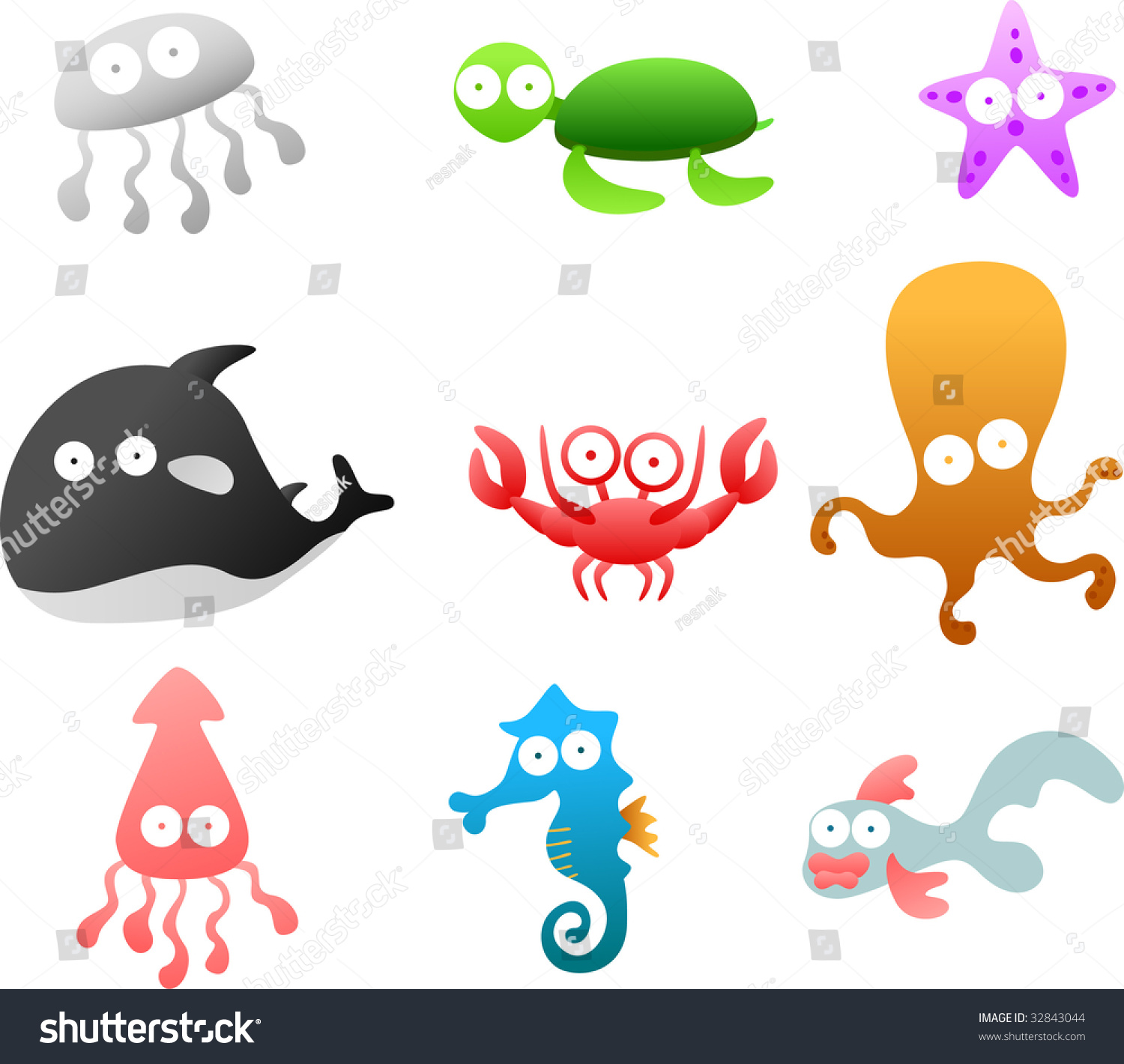 Collection Colorful Cartoon Sea Life Stock Vector (Royalty Free