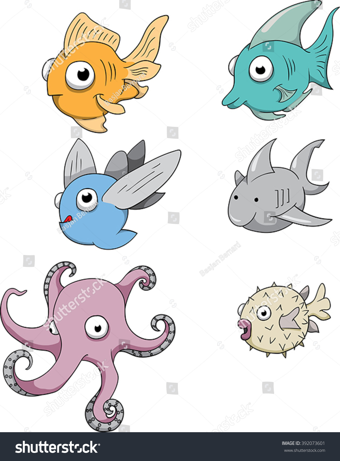 Vektor Stok Collection Different Types Fish Cartoon Form Tanpa Royalti Shutterstock