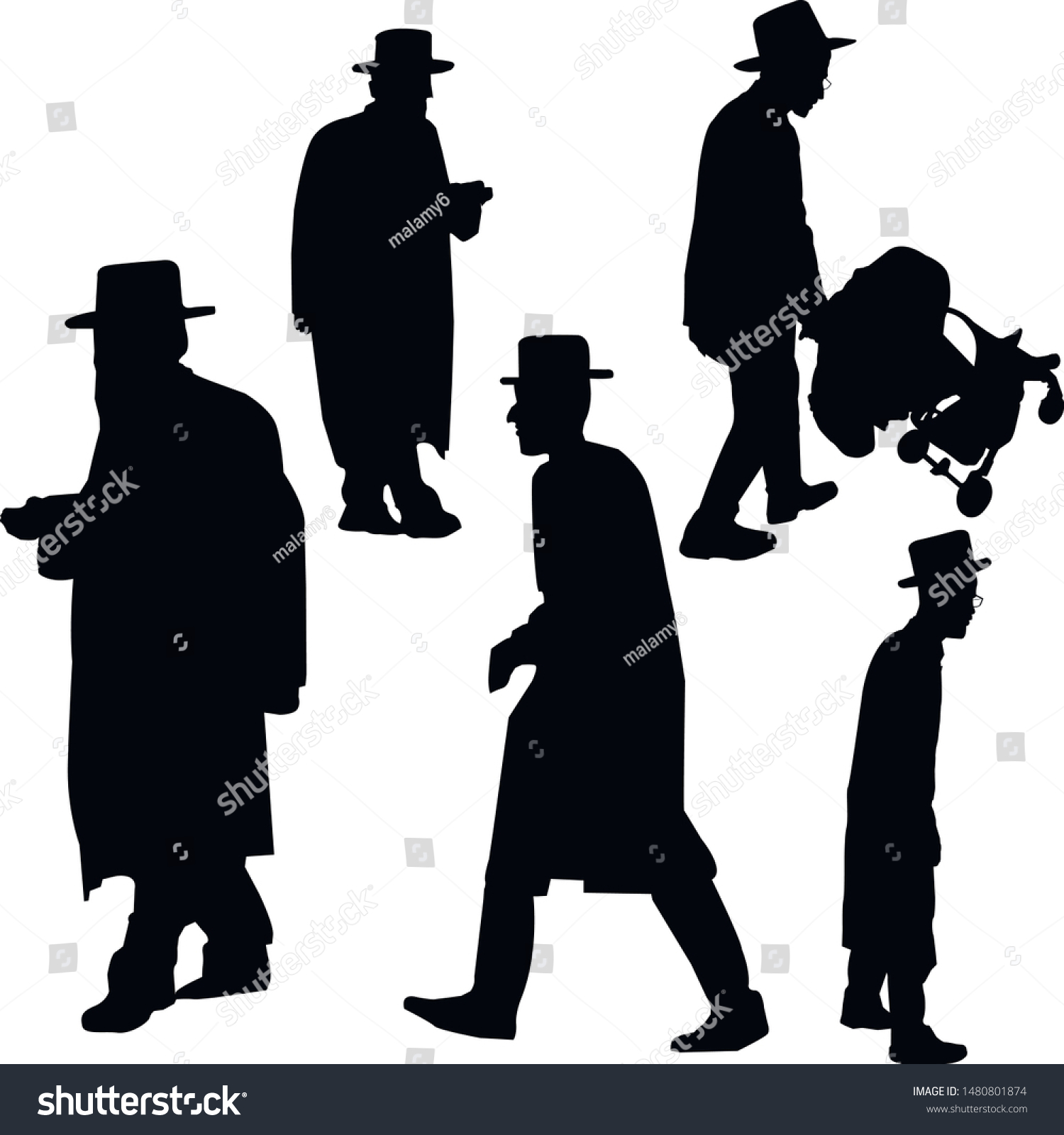 Collection Silhouettes Walking Jews Jews Hat Stock Vector (Royalty Free ...