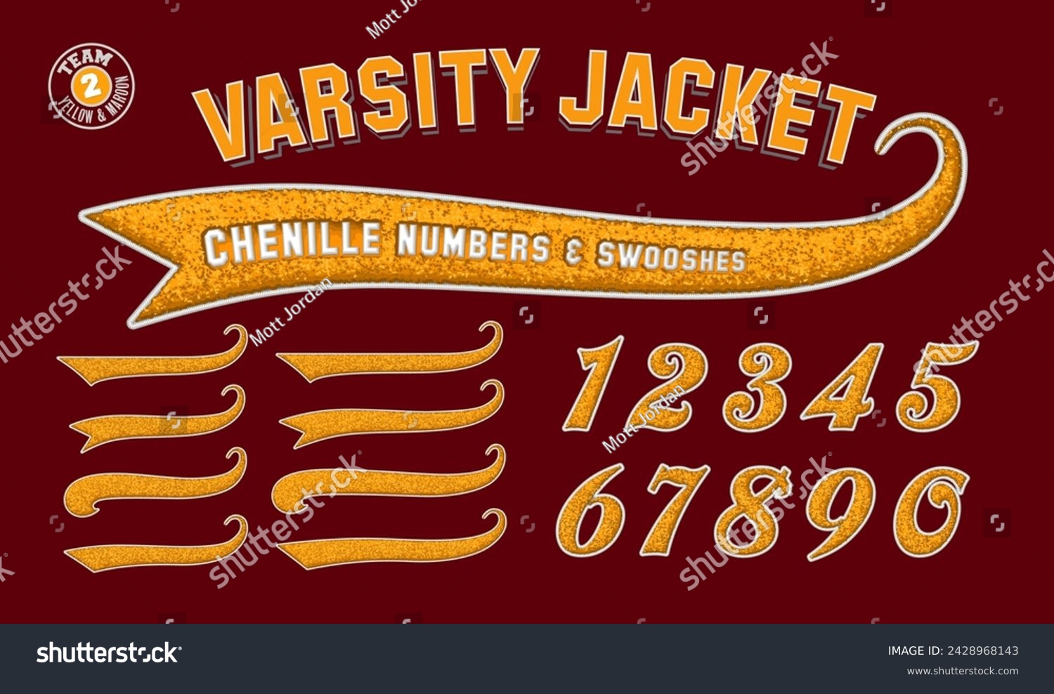 SVG of A collection of yellow numbers and swooshes on a maroon background, in the style of chenille fabric varsity letterman jacket patches svg
