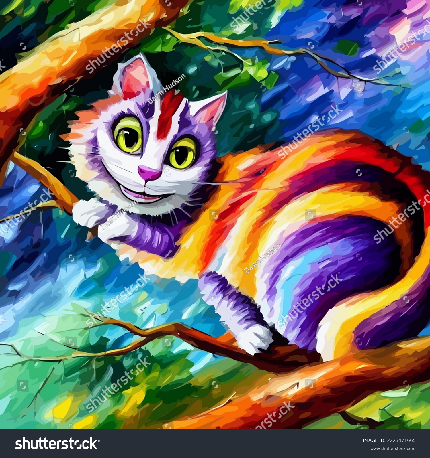 SVG of A colorful and vibrant portrait of a Cheshire cat resting in a tree, created with digital palette knife and brush stroke effects.
 svg
