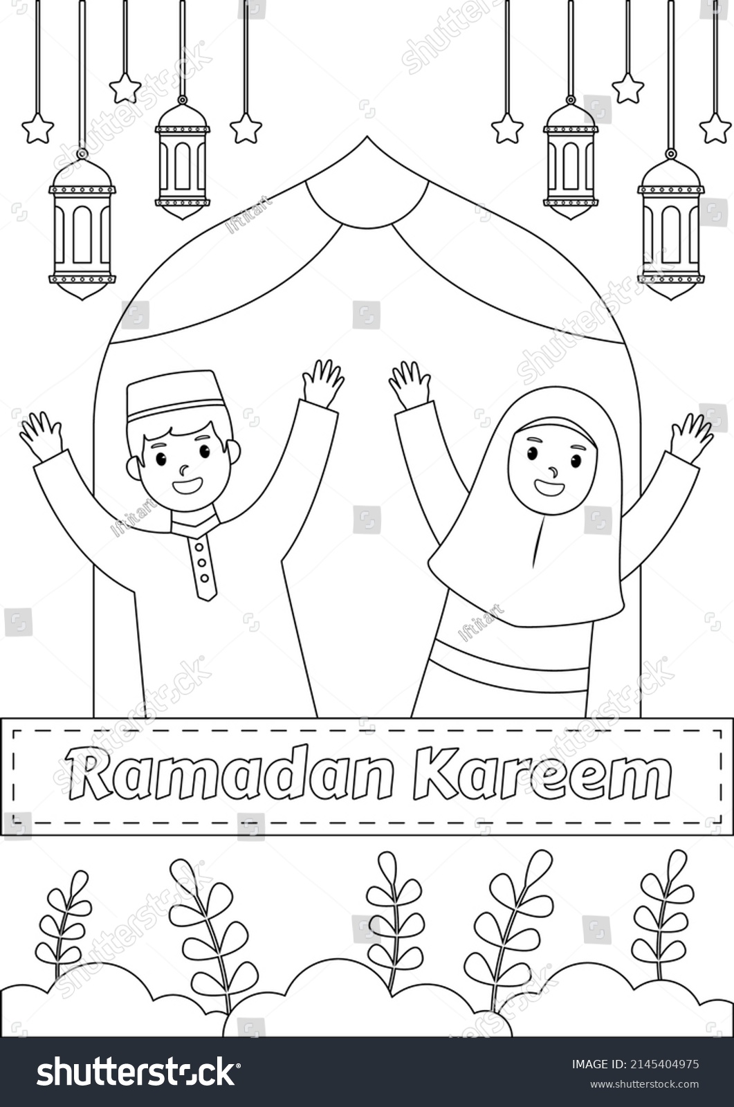 Coloring Book Muslim Kids Ramadan Kareem Stock Vector (Royalty Free ...