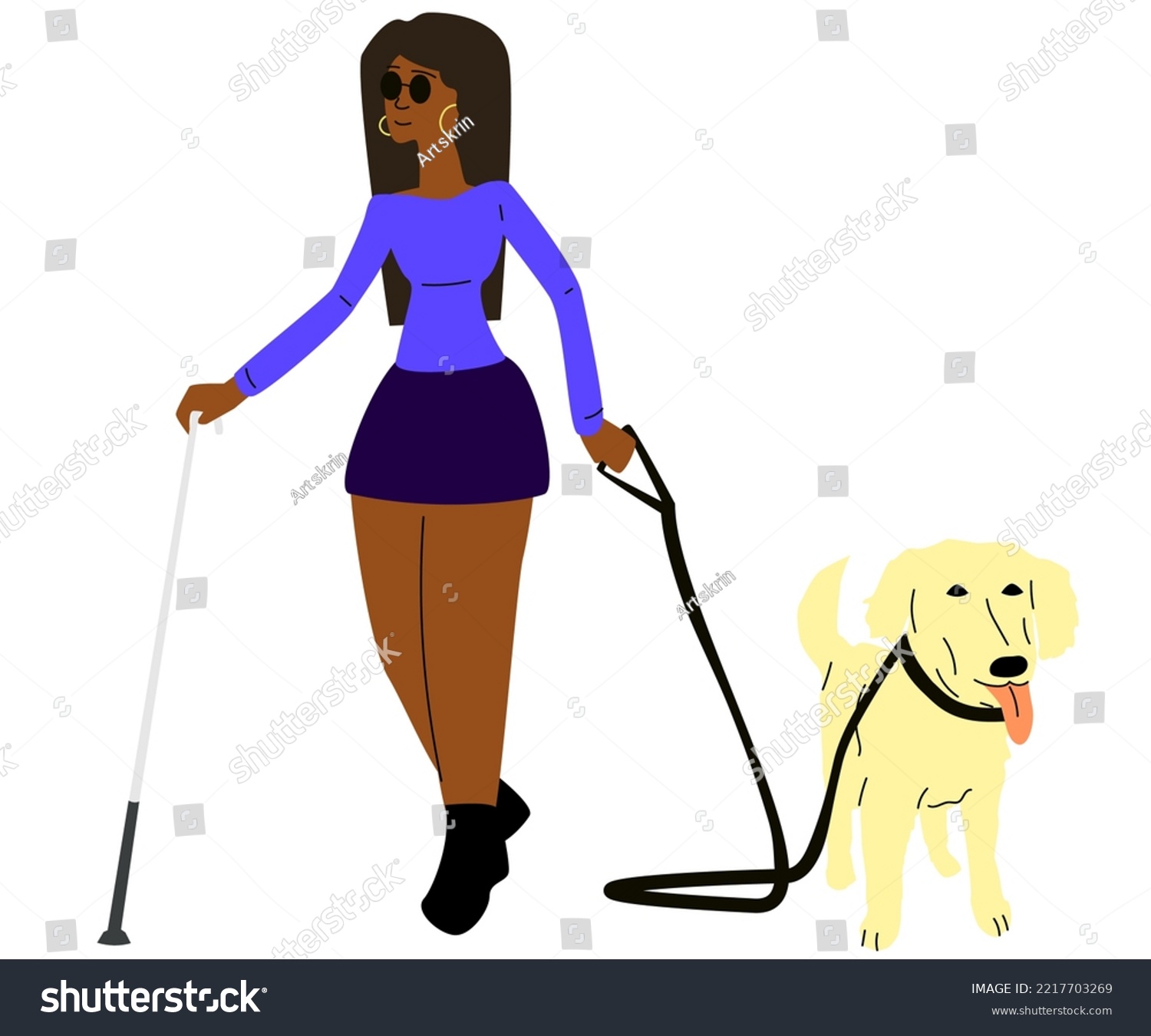 SVG of A cute blind girl with a labrador walks down the street in a mini skirt on a white isolate. A stylish handicapped man loves pets. Guide dog leads an African American woman svg
