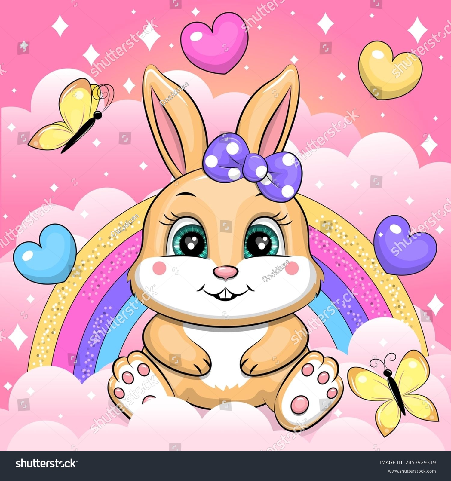 SVG of A cute cartoon bunny with a purple bow sits in the clouds. Vector illustration of an animal with butterflies, hearts, rainbow, clouds on a pink background. svg
