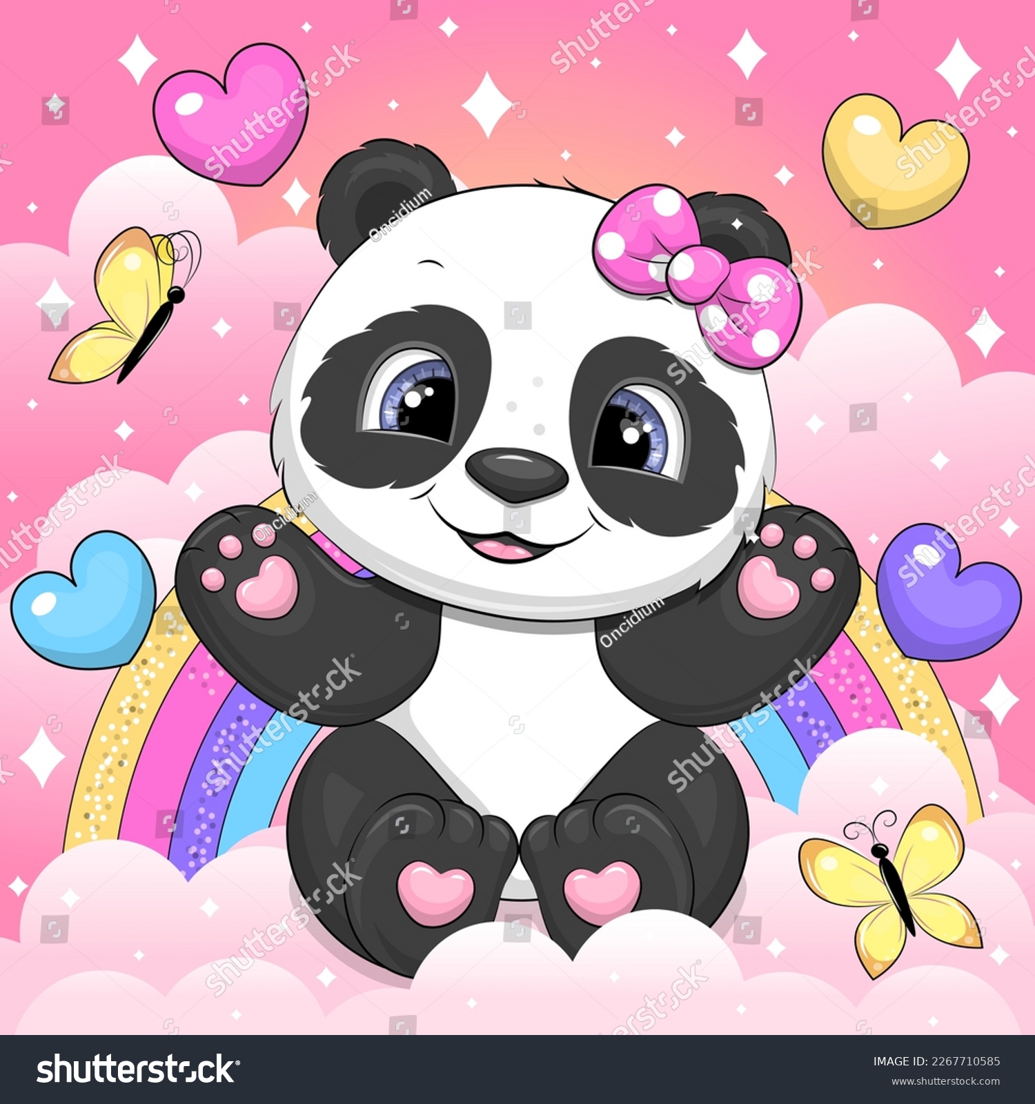 SVG of A cute cartoon panda sits on a pink cloud. Vector illustration of an animal on a pink background with clouds, hearts, butterflies and a rainbow. svg