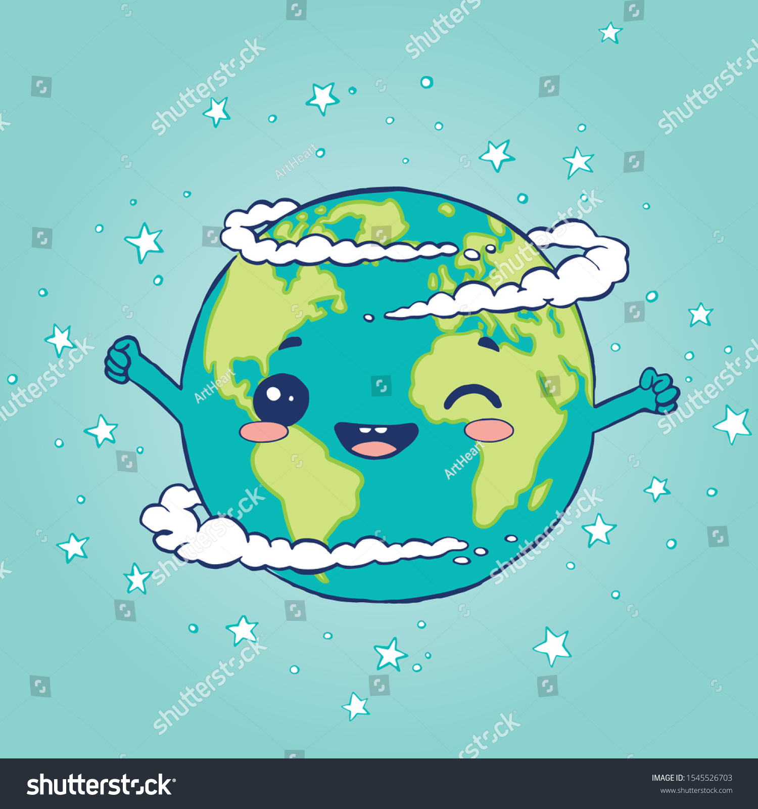 Cute Cartoon Planet Earth Hands Air Vetor Stock Livre De Direitos