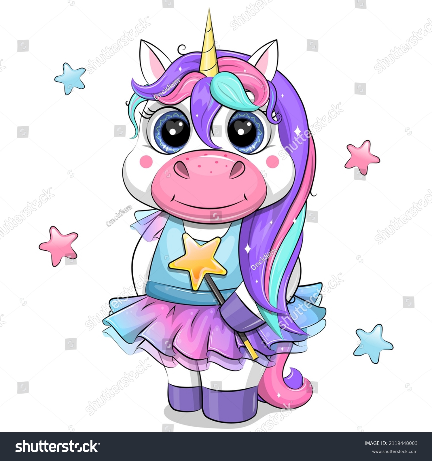 Cute Cartoon Unicorn Colorful Dress Holding Stock Vector (Royalty Free ...