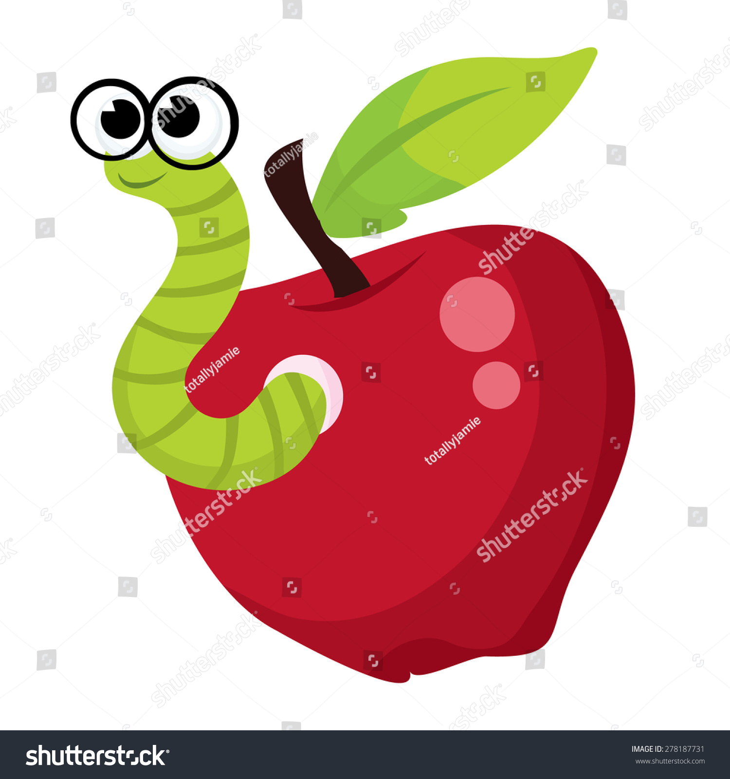 A Cute Green Worm With Glasses Coming Out Of An Apple. Stock Vector ...