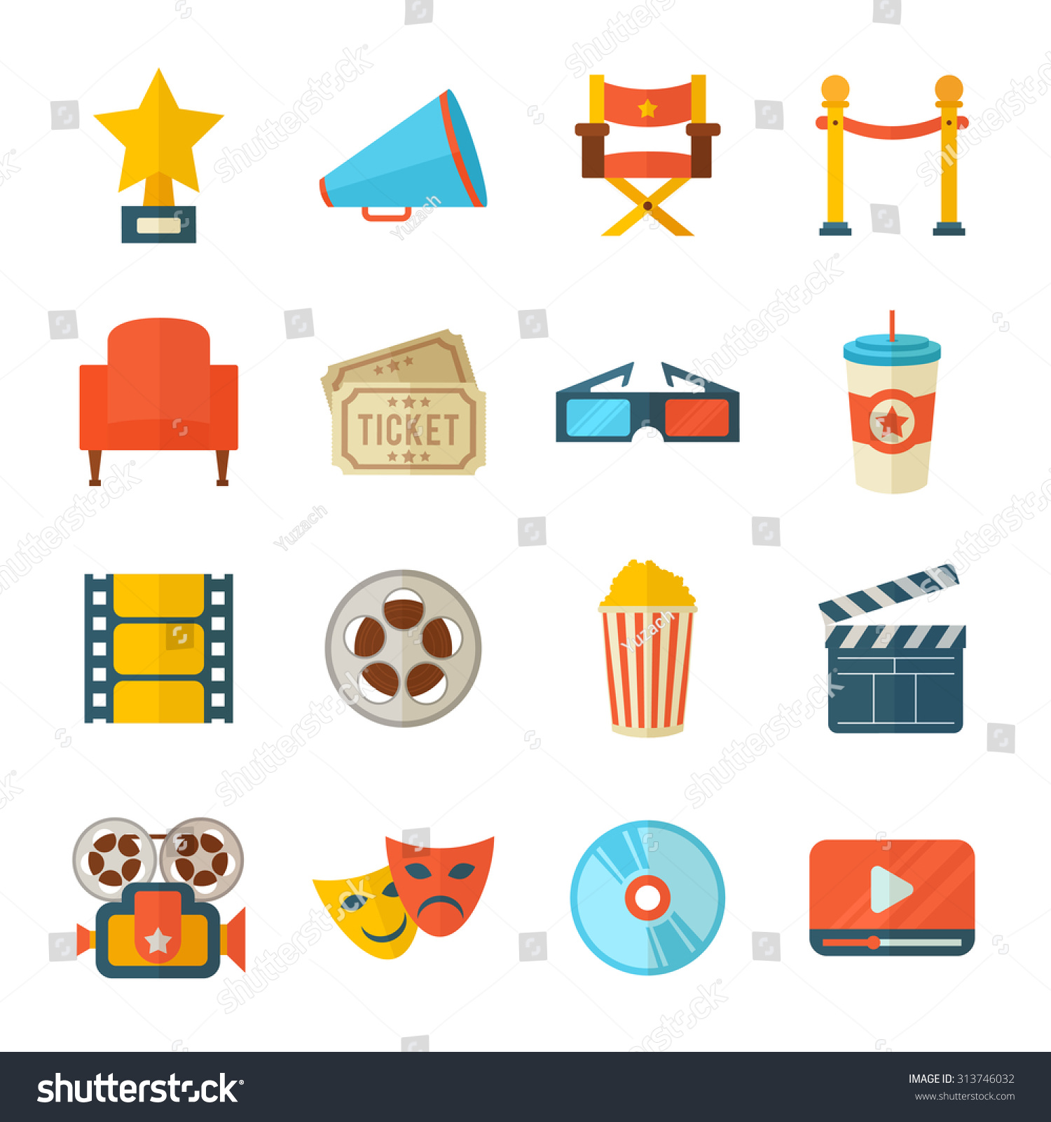 A Detailed Set Of Flat Style Cinema Icons For Web And Design With Movie ...